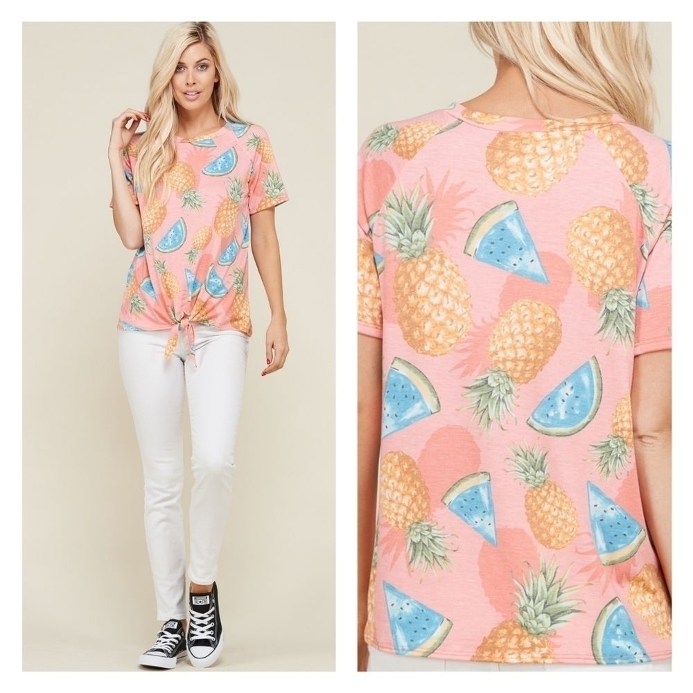 CORAL FRUIT PRINT FRONT TIE TOP